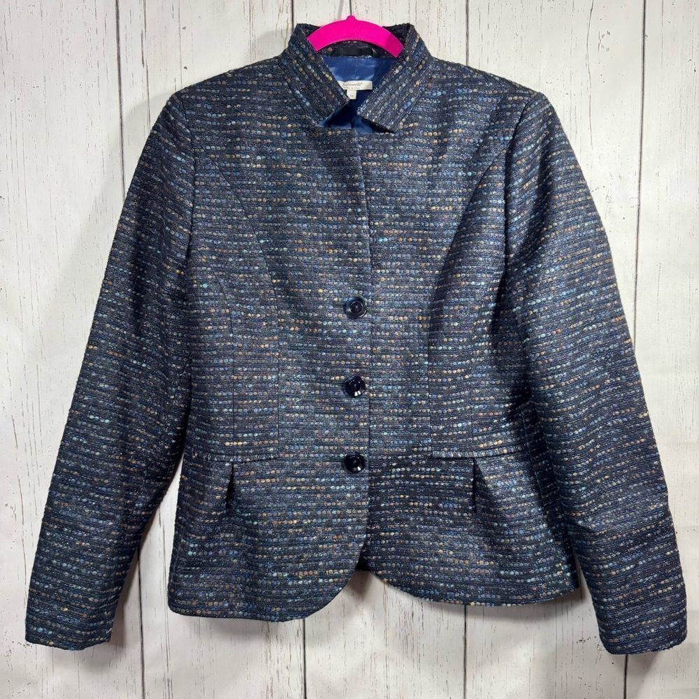 Santorelli Womens Blazer Jacket Wool Blend Office Career Textured Blue Multi
